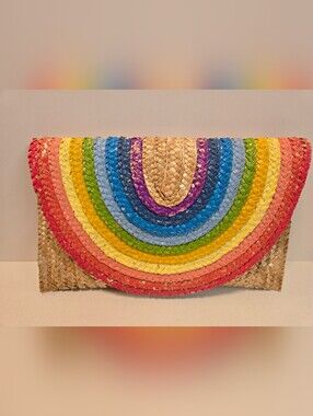 Multicolor Woven Straw Clutch - Vibrant Rainbow Design